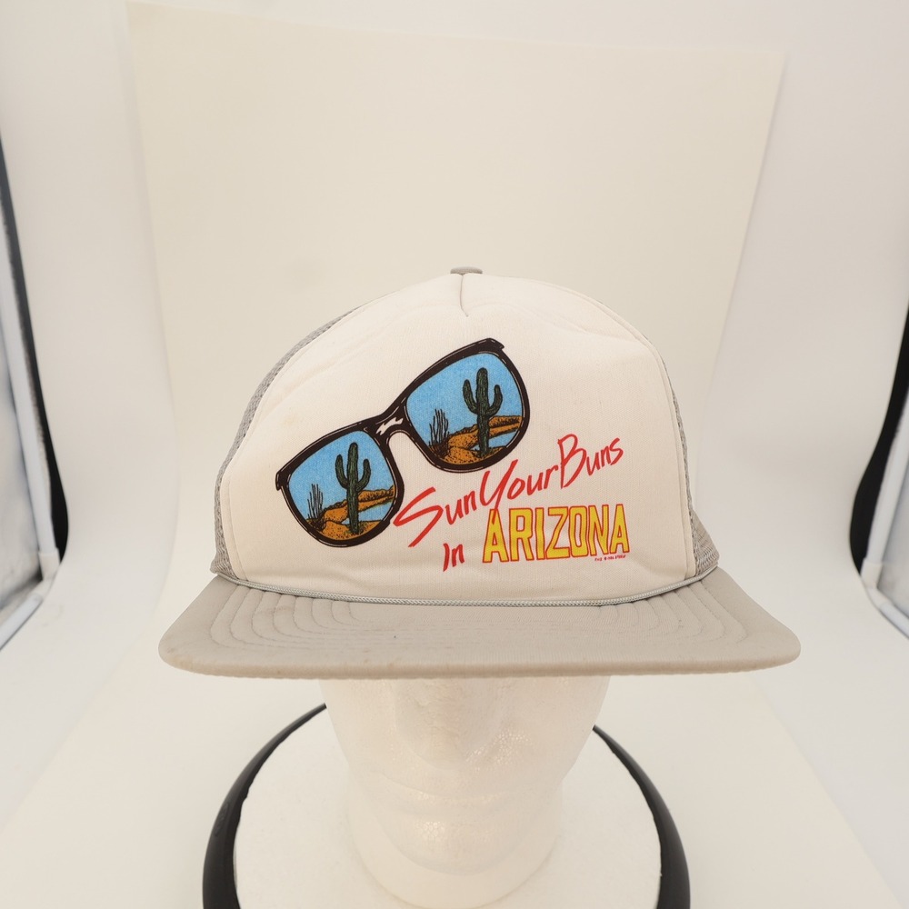 Vintage Sun Your Buns in Arizona Trucker Hat Mesh Snapback Tan Gray Cactus 80s